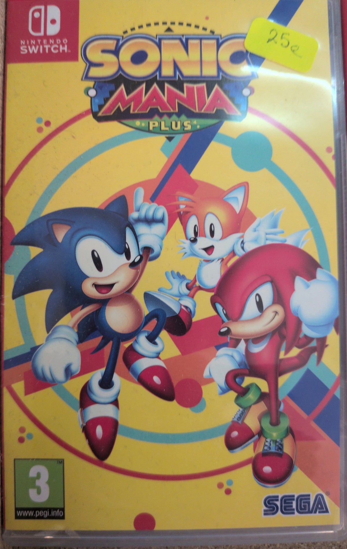 Photographed front cover and case of Sonic Mania Plus for Nintendo Switch