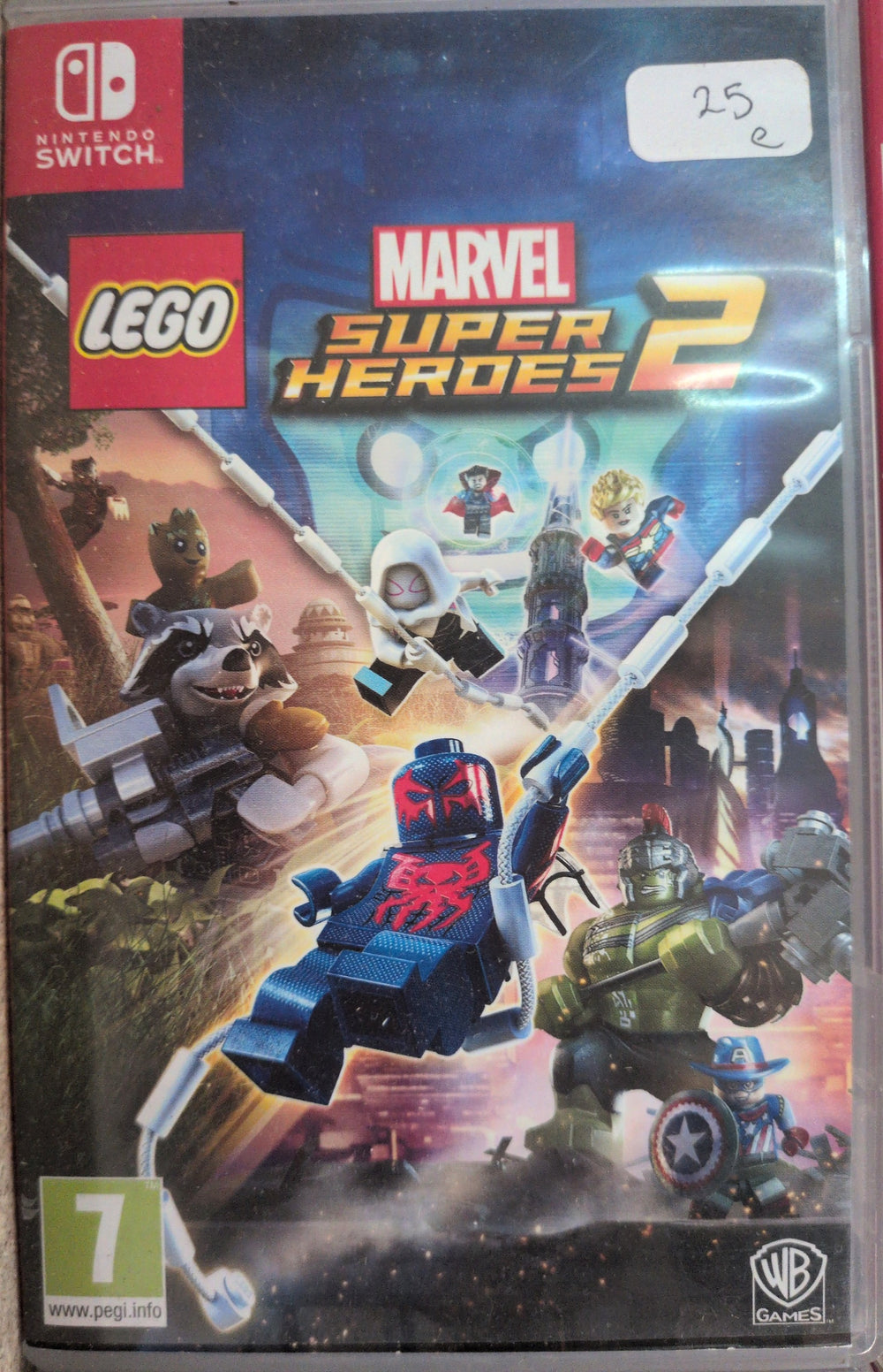 Photographed front cover and case of LEGO Marvel Super Heroes 2 for Nintendo Switch, white sticker copy