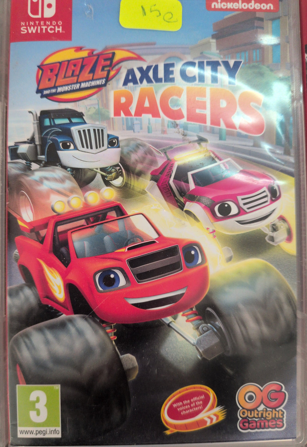 Photographed front cover and case of Blaze and the Monster Machines: Axle City Racers for Nintendo Switch