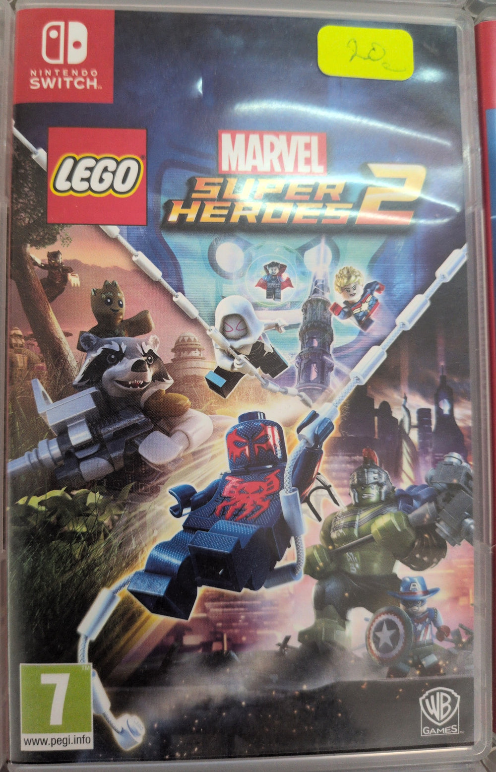 Photographed front cover and case of LEGO Marvel Super Heroes 2 for Nintendo Switch, yellow sticker copy
