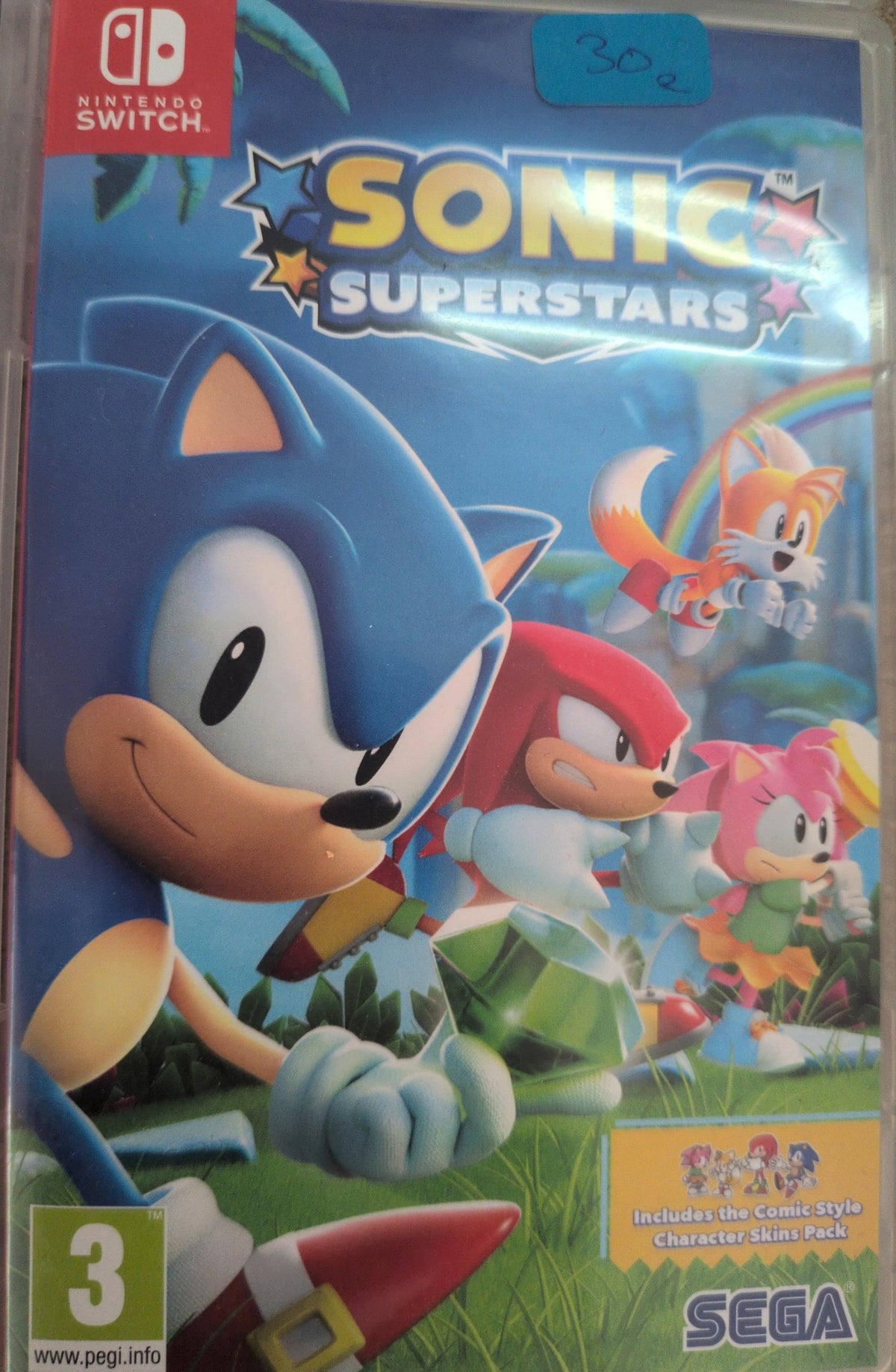 Photographed front cover and case of Sonic Superstars for Nintendo Switch