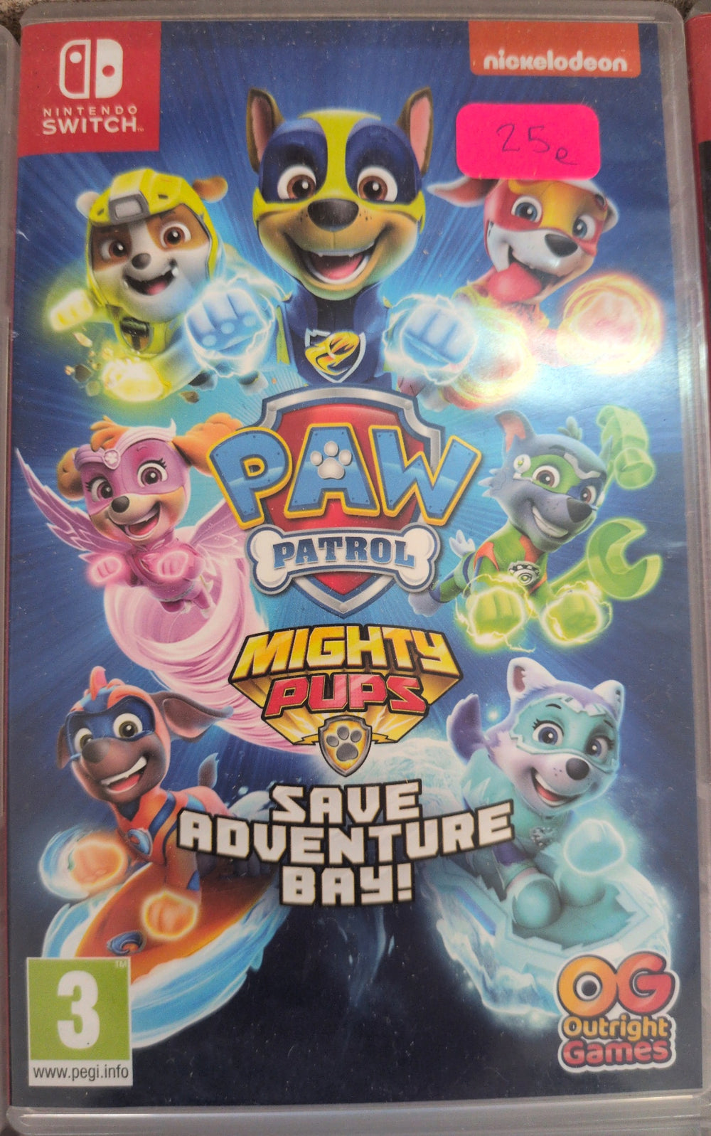 Photographed front cover and case of PAW Patrol: Mighty Pups Save Adventure Bay! for Nintendo Switch