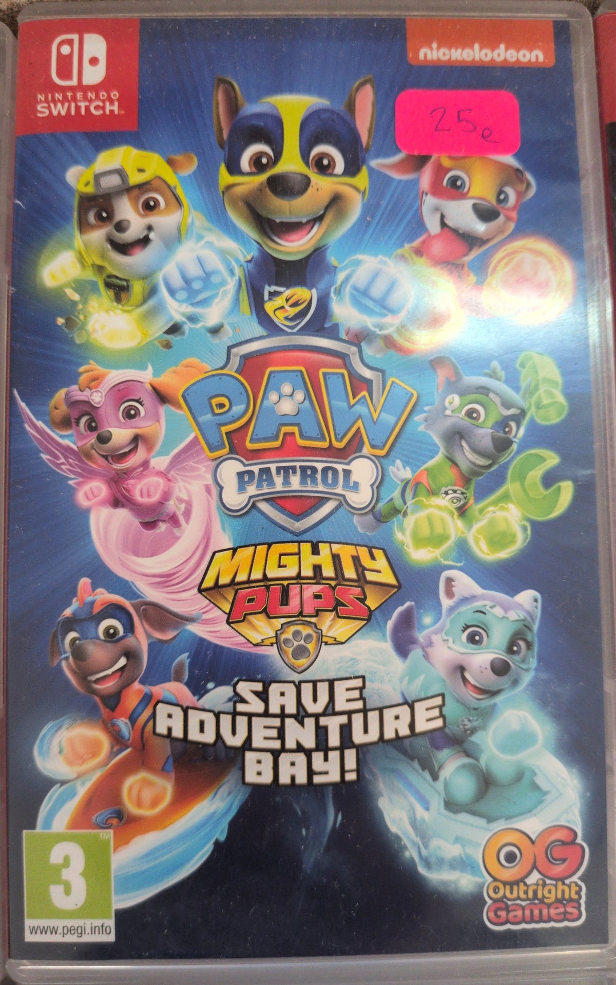Photographed front cover and case of PAW Patrol: Mighty Pups Save Adventure Bay! for Nintendo Switch
