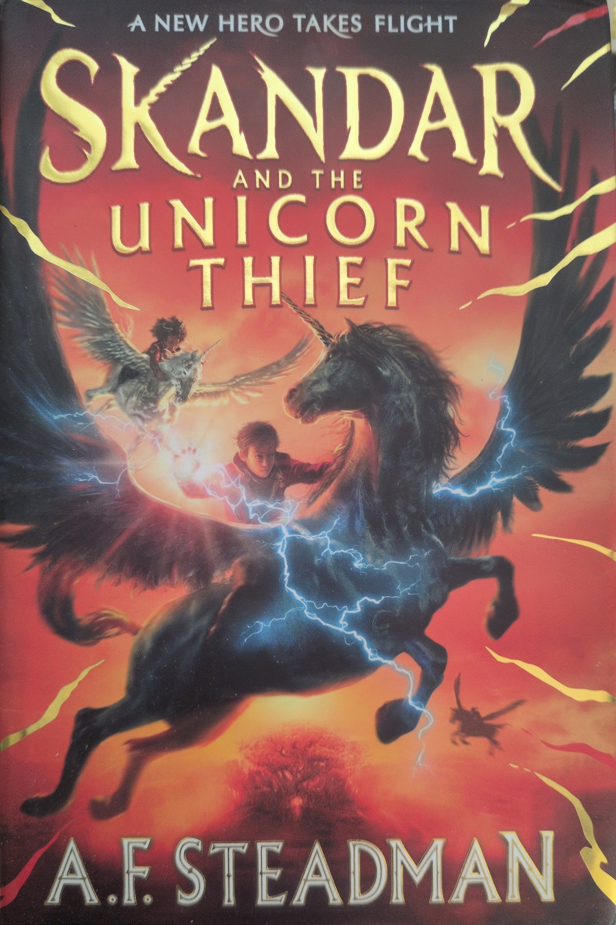 Actual photographed front cover of Skandar and the Unicorn Thief by A.F. Steadman