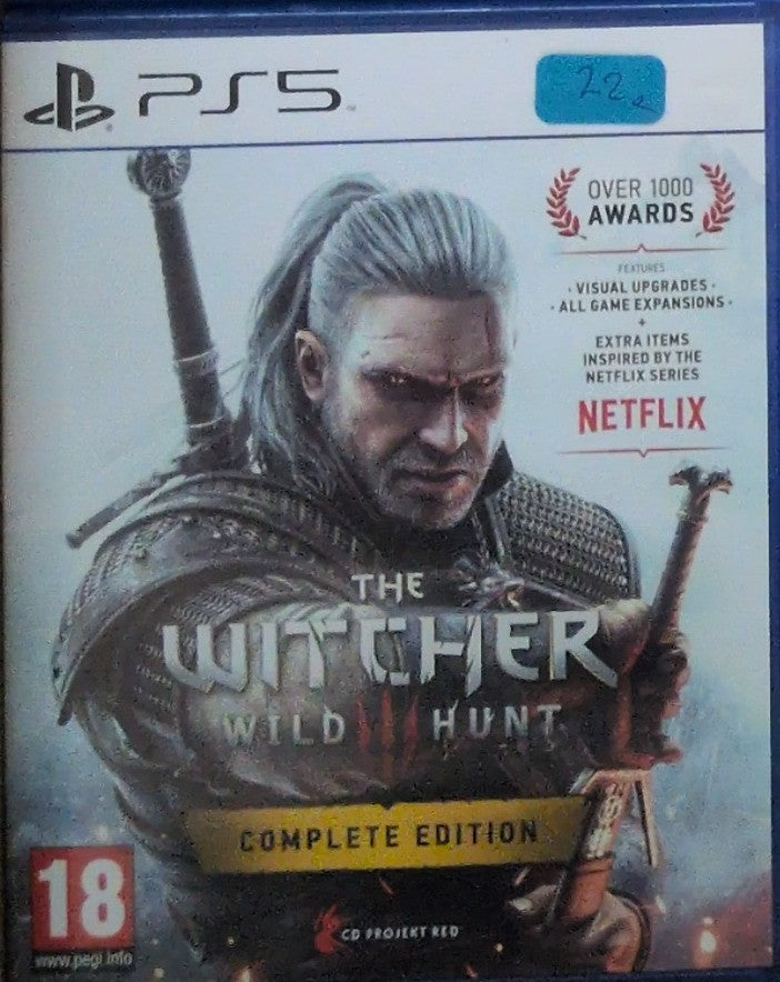 Photographed front cover and case of The Witcher 3: Wild Hunt – Complete Edition for PS5