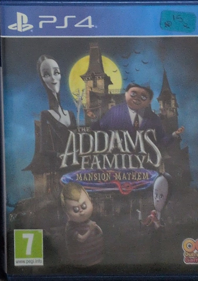 Photographed front cover and case of The Addams Family: Mansion Mayhem for PS4