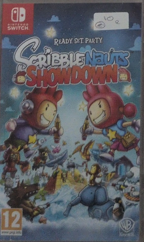 Photographed front cover and case of Scribblenauts Showdown for Nintendo Switch