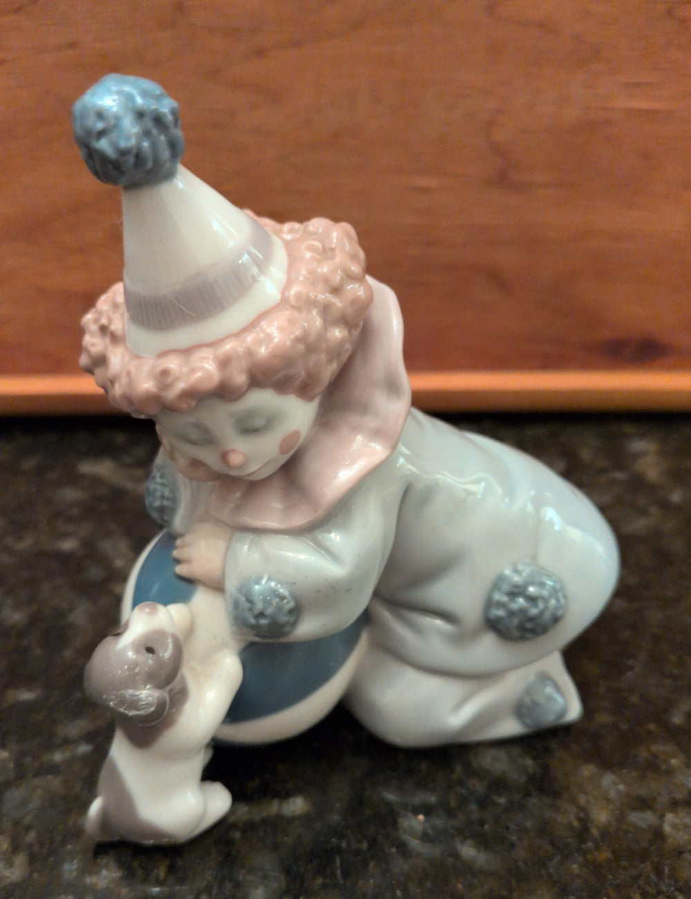 Actual photographed item: Lladró Clown with Puppy and Ball Figurine