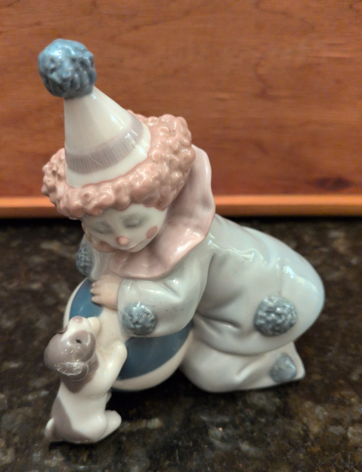 Actual photographed item: Lladró Clown with Puppy and Ball Figurine
