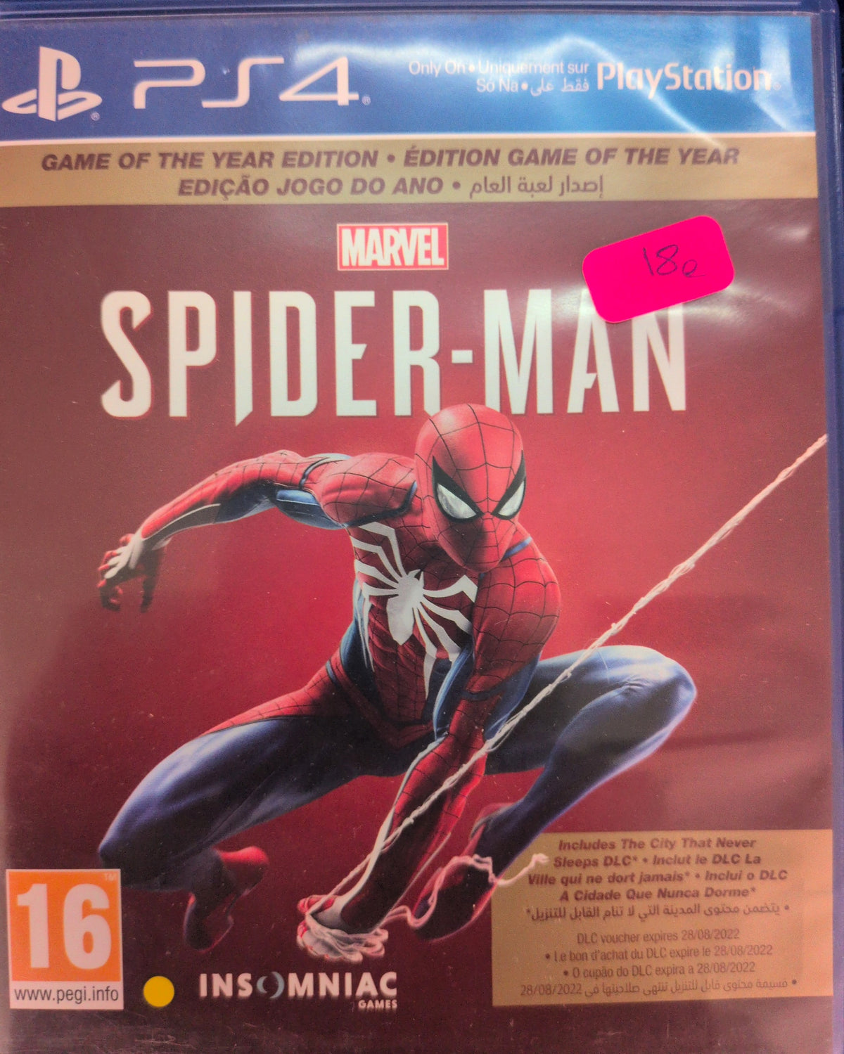 Photographed front cover and case of Marvel’s Spider-Man: Game of the Year Edition — PS4